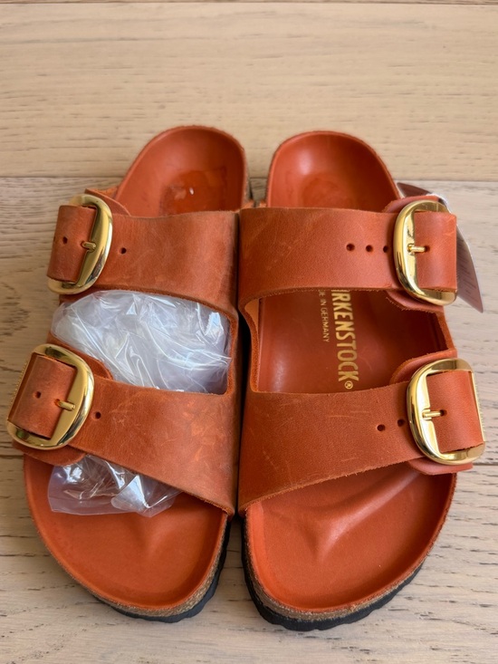 Birkenstock Shoes - Birkenstock Arizona Big Buckle Two-Strap Sandals in Burnt Orange and Gold Sz: 39